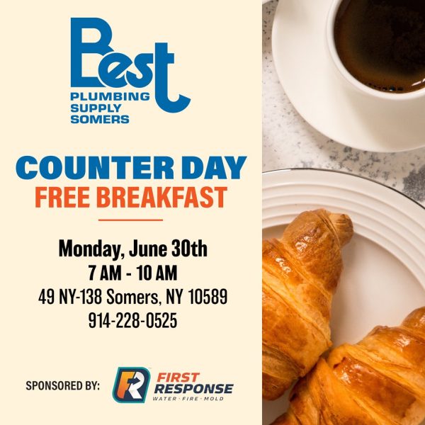 Join us for Counter Day at Best Plumbing Supply Somers, sponsored by @firstresponseny, on Monday, June 30th! Swing by between 7AM and 10AM for a complimentary breakfast, exciting raffle prizes, and a great chance to network with industry pros.